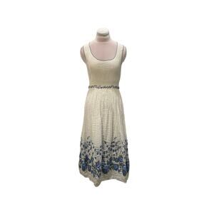NWT SOPHIE MAX Cream Blue Embroidered Crinkle Shimmer Dress Small Boho Cottage
